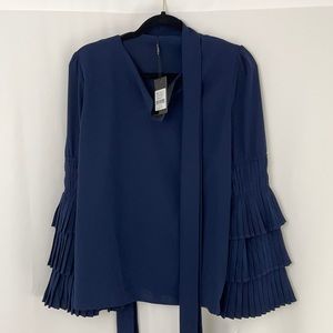 Why Dress Pleated Bell Sleeve Navy Top Sz L